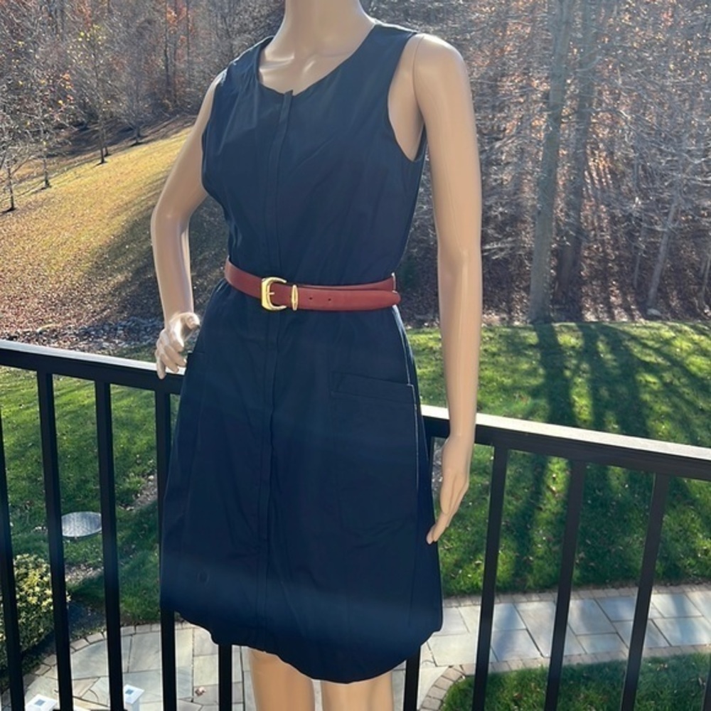 Theory cute navy blue sleeveless front zip pocketed utility style shirt dress